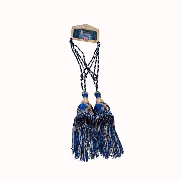 Elegant Blue Gold Curtain Tieback Craft Decor VTG Tassel Cord Set of 2 Regal DIY - Picture 12 of 12